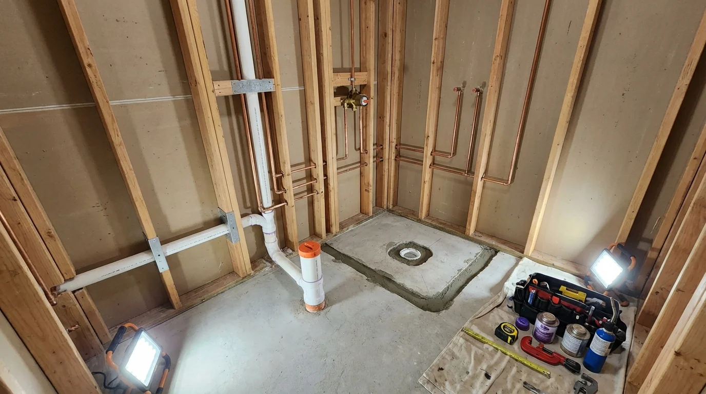 Bathroom rough-in plumbing during remodel by Johns Plumbing LLC in North Plains