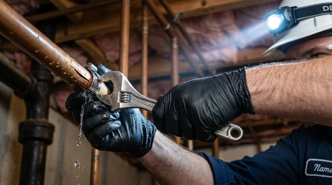 Emergency pipe clamp repair being performed by a Johns Plumbing LLC plumber in North Plains