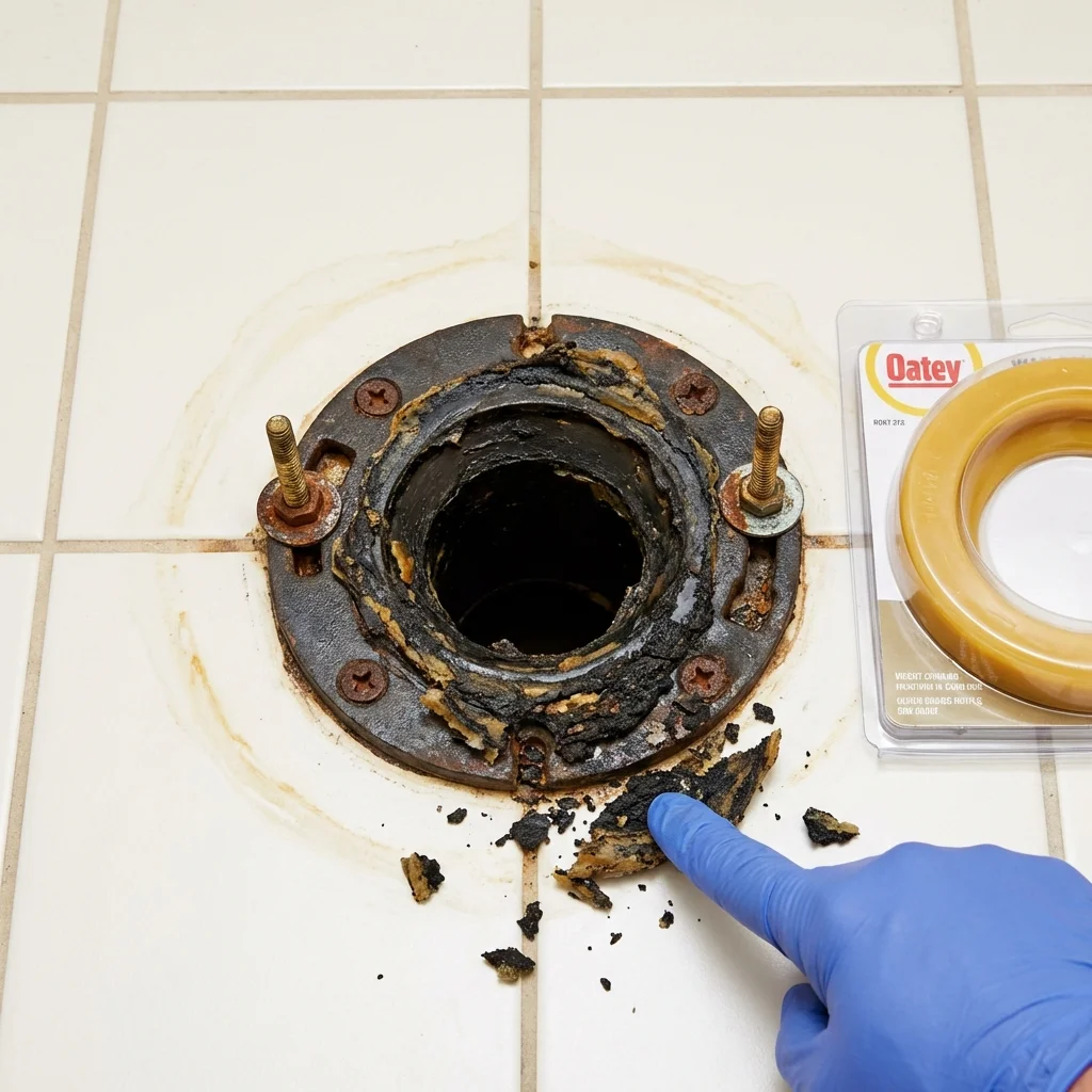 Failed wax ring showing water seepage at the base of a toilet in a North Plains, OR home