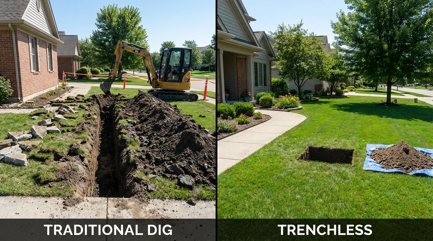 Trenchless sewer repair with minimal yard damage versus traditional excavation in North Plains, OR