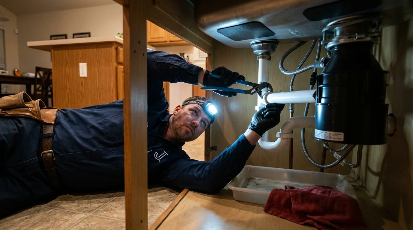 P-trap and supply line connections under a kitchen sink showing a common leak point in North Plains, OR